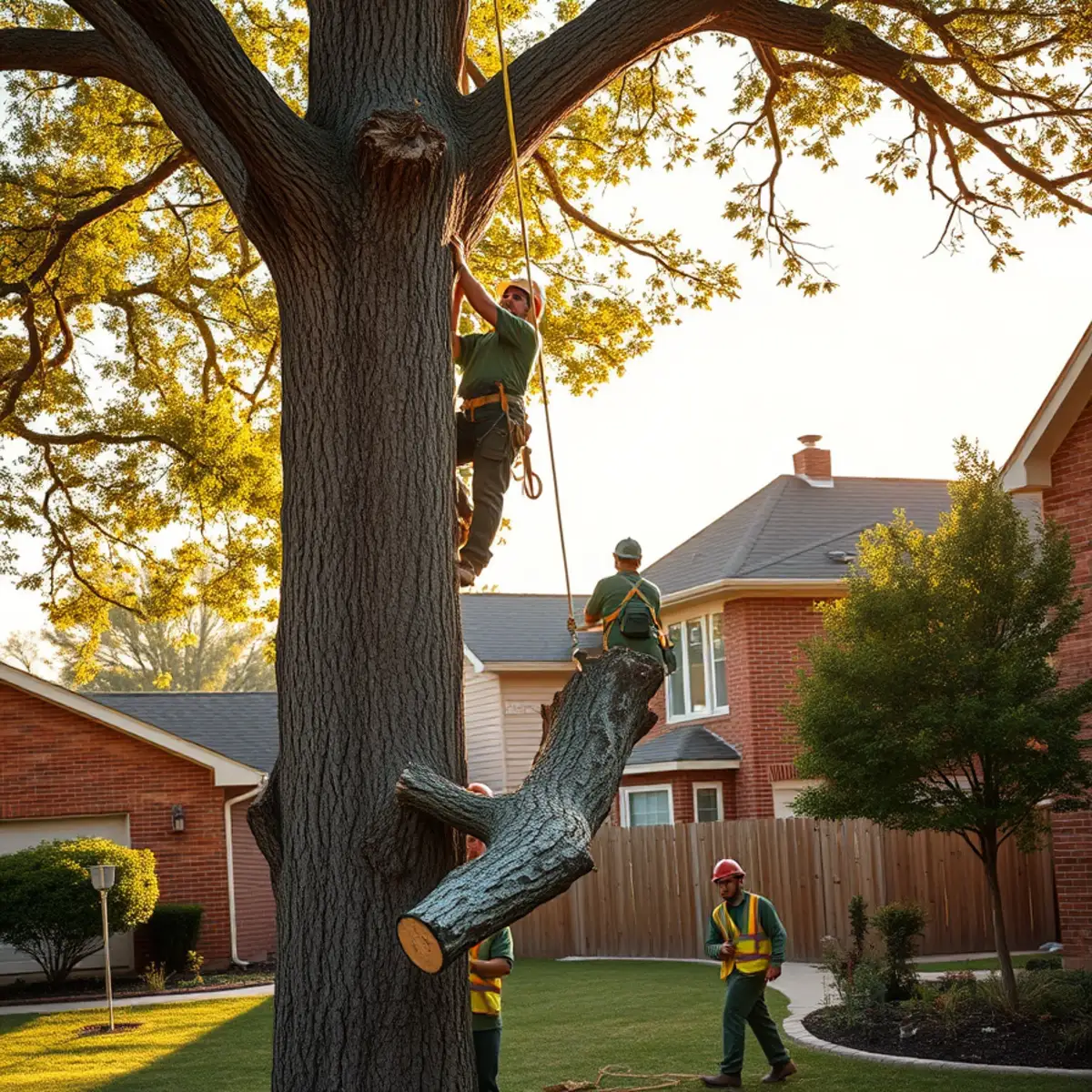 Sion Tree Service crew safely sectioning and removing a large tree in a Fort Worth, TX yard